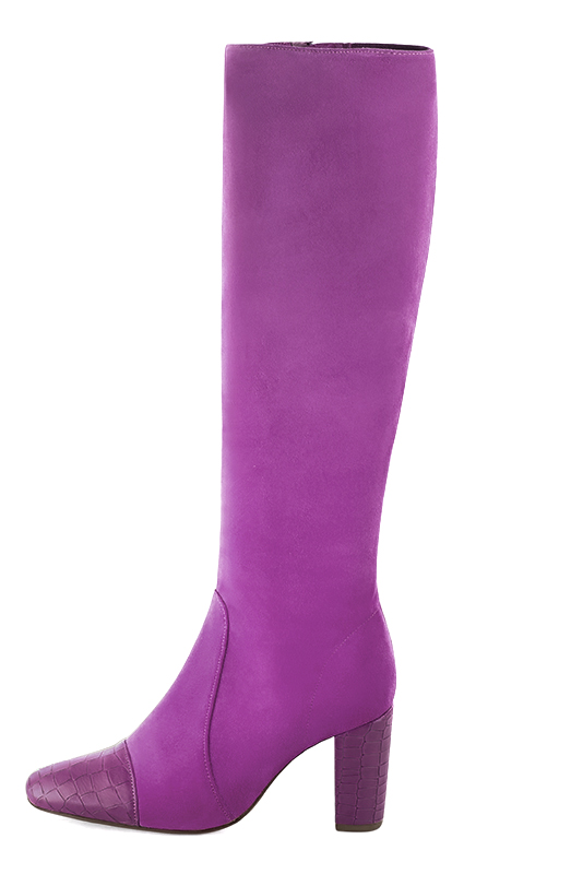 Mauve purple women's feminine knee-high boots. Round toe. High block heels. Made to measure. Profile view - Florence KOOIJMAN
